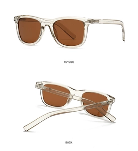 Vue détaillée du côté à 45 degrés et du pliage arrière des lunettes de soleil marron
