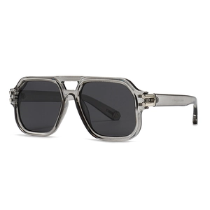 Modern polygon aviator sunglasses with transparent grey frame and dark lenses