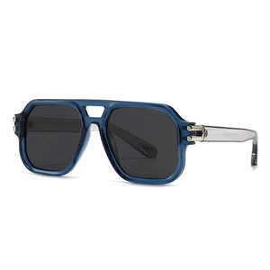 Deep blue transparent square sunglasses with polarized lenses and metal hinge details