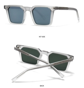 Detailed 45-degree side and back view of square polarized sunglasses with textured temples