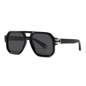 Modern black polygon aviator sunglasses with double bridge and silver metal detail on frame