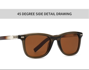 Détail des lunettes de soleil polarisées carrées avec monture transparente marron et argent