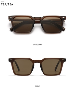 Front and top views of square polarized sunglasses with translucent tea frames