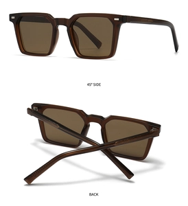 Detail view of brown square polarized sunglasses with textured temples at 45 degree angle