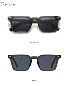 Front and top view of transparent grey square polarized sunglasses with metal accents