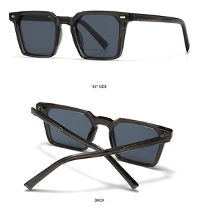 Detailed 45-degree and back view of polarized square sunglasses with grey resin frames