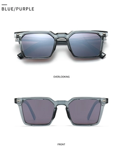 Detailed front and top views of square polarized sunglasses in blue and purple tones