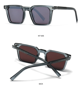 Close-up of grey translucent square frame polarized sunglasses with 45 degree side view