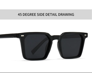45-degree side view of black square polarized sunglasses with silver metal rivets