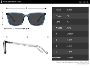 Detailed size chart for retro square polarized sunglasses featuring PC frame dimensions