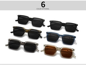 Flat lay of retro square polarized sunglasses available in six different colors