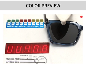 Detail view of square polarized sunglasses undergoing UV400 protection testing process