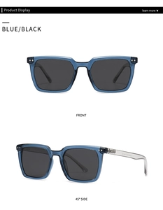 Front and side view of square polarized sunglasses with translucent blue frames and black lenses