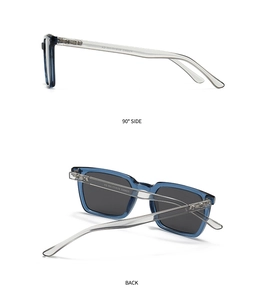 Detail view of transparent blue square sunglasses frame showing model PS8003 engraving