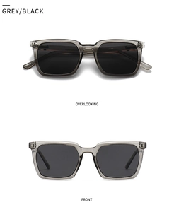 Front and top view of retro square polarized sunglasses with grey transparent frames