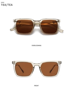 Detail view of tea-colored square sunglasses showing both front and overlook perspectives