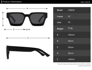 Detailed size chart for retro square polarized sunglasses showing frame dimensions in mm