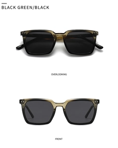 Detail view of retro square polarized sunglasses in black green gradient finish