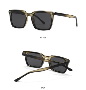 Detailed views of square polarized sunglasses showing 45-degree side and back foldable frame