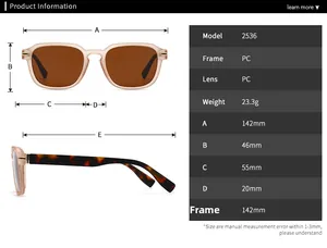 Detailed size chart for stylish geometric sunglasses with dimensions and frame material