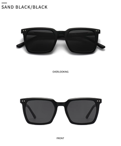 Front and top view of sand black square sunglasses with classic silver dots detail