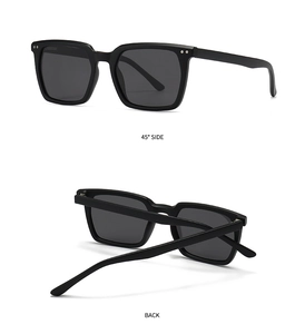 Detail view of black square polarized sunglasses showing 45 degree side and back angles