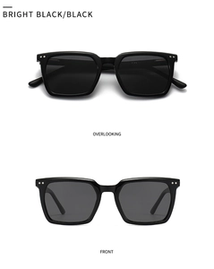 Front and top view of bright black square polarized sunglasses with rivet details