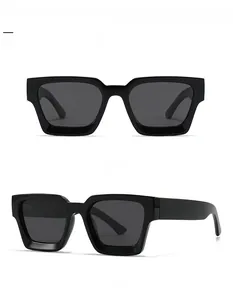 Front and side view details of bright black square polarized sunglasses for men and women