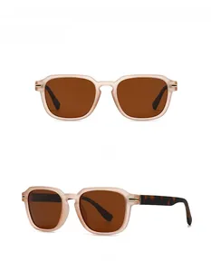 Front and 45-degree side view of light tea square sunglasses with tortoiseshell temples