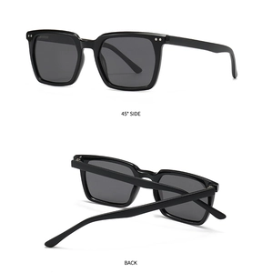 Detail of square black sunglasses showing double rivet accents and 45-degree side frame view