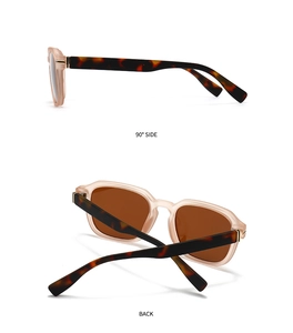Detailed side and back views of polygon sunglasses with matte beige frame and tortoise temples