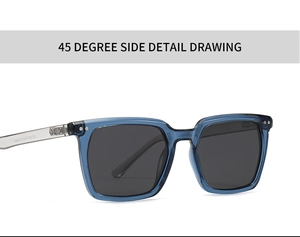 Detail view of transparent blue square sunglasses with model number P26003 and silver rivets
