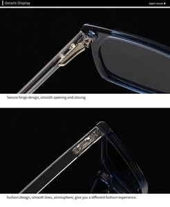 Detail of secure metal hinge design on modern square polarized sunglasses with transparent arms