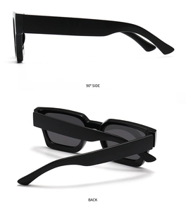 Detail view showing the 90-degree side and back of thick black square polarized sunglasses