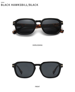 Dual view of black geometric sunglasses with distinctive tortoiseshell pattern temples