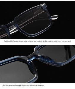 Macro view of blue acetate frames showing integrated nose pads and temple measurements