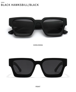Front and top view of matte black square polarized sunglasses with thick frames