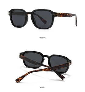 Detail of polygonal sunglasses showing tortoise temples and gold metal accents