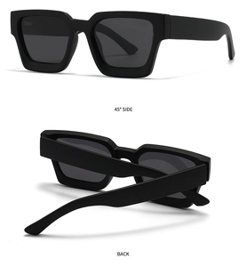 Detail view of modern retro square sunglasses with 45 degree side and back perspectives