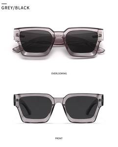 Detailed top and front view of retro square polarized sunglasses with transparent grey frames