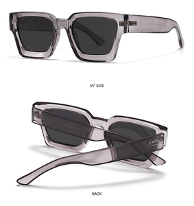 Detail view of transparent grey square frame sunglasses with metal hinges and 45-degree side view