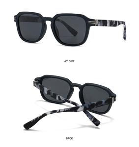 Detailed side and back view of polygon sunglasses with marble patterned temples