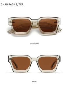 Front and top view of modern square polarized sunglasses in champagne frame with tea lenses