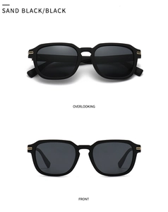 Front and top view of matte black polygon sunglasses with gold metal hinge detail