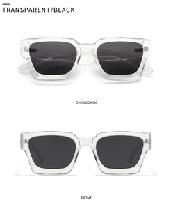Front and top view of transparent rectangular sunglasses with black polarized lenses