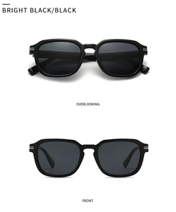 Detailed views of black polygon sunglasses with silver metal temple accents