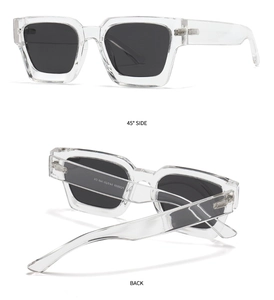 Detail view of square polarized sunglasses showing 45-degree side and back perspectives