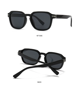 Detailed views of black polygon sunglasses showing 45-degree side and back perspectives