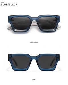 Detailed front and overlooking views of modern square polarized sunglasses in deep blue