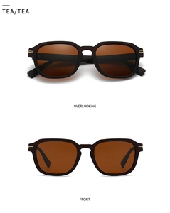 Detailed top and front view of polygon sunglasses with tea lenses and gold accents